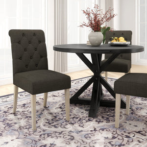 English Elm Banff Round Oak Veneer Dining Set with Cross-Buck Pedestal and Tufted Parsons Chairs Charcoal T2574S00223