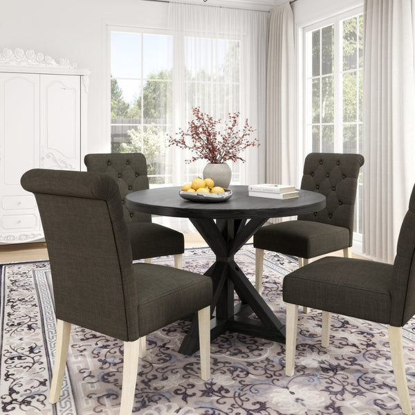 English Elm Banff Round Oak Veneer Dining Set with Cross-Buck Pedestal and Tufted Parsons Chairs Charcoal T2574S00223