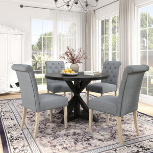 English Elm Banff Round Oak Veneer Dining Set with Cross-Buck Pedestal and Tufted Parsons Chairs Gray T2574S00224