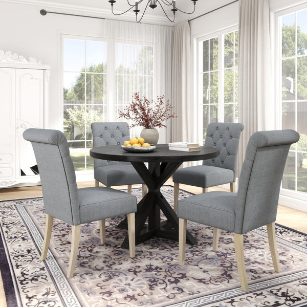 English Elm Banff Round Oak Veneer Dining Set with Cross-Buck Pedestal and Tufted Parsons Chairs Gray T2574S00224