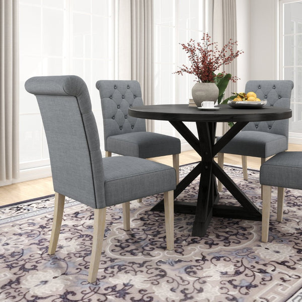 English Elm Banff Round Oak Veneer Dining Set with Cross-Buck Pedestal and Tufted Parsons Chairs Gray T2574S00224