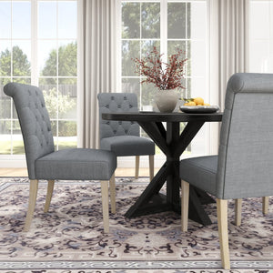 English Elm Banff Round Oak Veneer Dining Set with Cross-Buck Pedestal and Tufted Parsons Chairs Gray T2574S00224