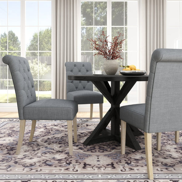 English Elm Banff Round Oak Veneer Dining Set with Cross-Buck Pedestal and Tufted Parsons Chairs Gray T2574S00224