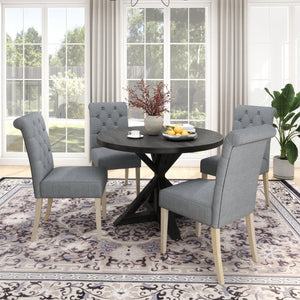 English Elm Banff Round Oak Veneer Dining Set with Cross-Buck Pedestal and Tufted Parsons Chairs Gray T2574S00224