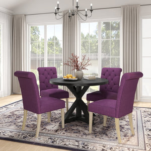 English Elm Banff Round Oak Veneer Dining Set with Cross-Buck Pedestal and Tufted Parsons Chairs Purple T2574S00225