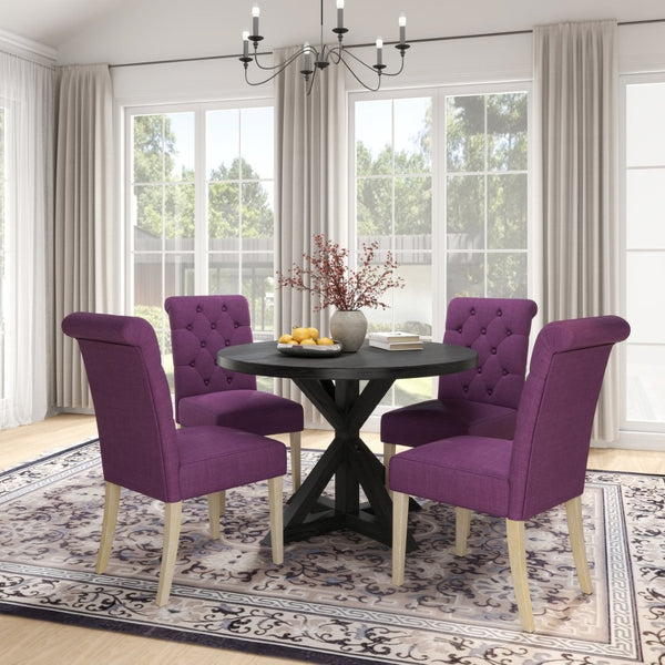 English Elm Banff Round Oak Veneer Dining Set with Cross-Buck Pedestal and Tufted Parsons Chairs Purple T2574S00225