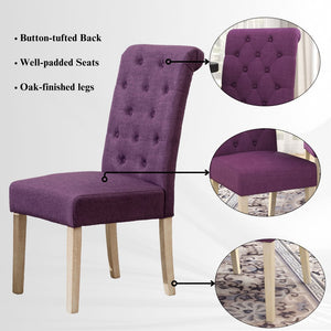 English Elm Banff Round Oak Veneer Dining Set with Cross-Buck Pedestal and Tufted Parsons Chairs Purple T2574S00225