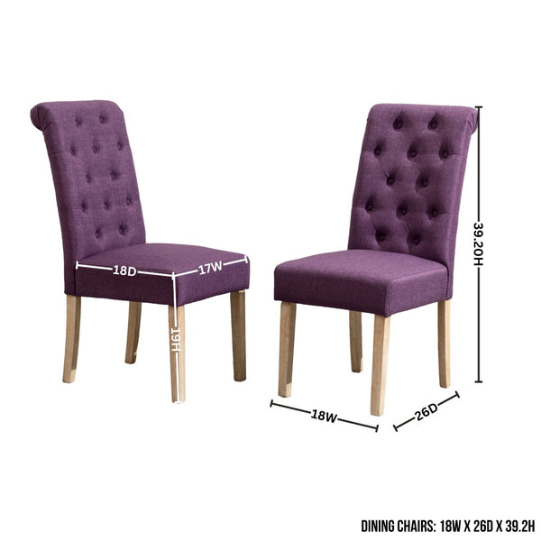 English Elm Banff Round Oak Veneer Dining Set with Cross-Buck Pedestal and Tufted Parsons Chairs Purple T2574S00225