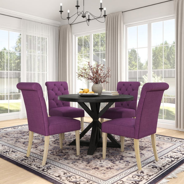 English Elm Banff Round Oak Veneer Dining Set with Cross-Buck Pedestal and Tufted Parsons Chairs Purple T2574S00225