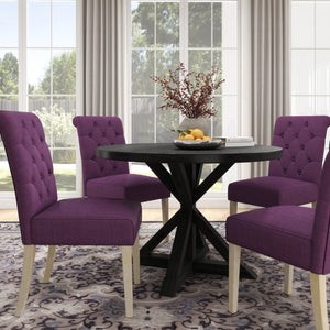 English Elm Banff Round Oak Veneer Dining Set with Cross-Buck Pedestal and Tufted Parsons Chairs Purple T2574S00225