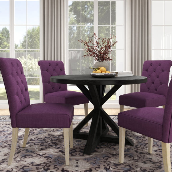 English Elm Banff Round Oak Veneer Dining Set with Cross-Buck Pedestal and Tufted Parsons Chairs Purple T2574S00225