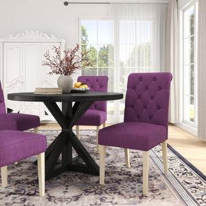 English Elm Banff Round Oak Veneer Dining Set with Cross-Buck Pedestal and Tufted Parsons Chairs Purple T2574S00225
