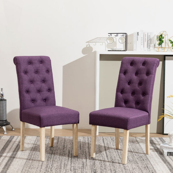 English Elm Banff Round Oak Veneer Dining Set with Cross-Buck Pedestal and Tufted Parsons Chairs Purple T2574S00225