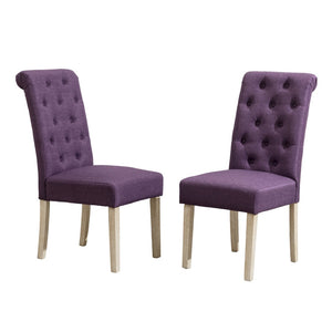 English Elm Banff Round Oak Veneer Dining Set with Cross-Buck Pedestal and Tufted Parsons Chairs Purple T2574S00225