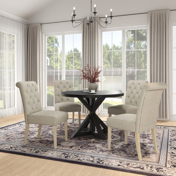 English Elm Banff Round Oak Veneer Dining Set with Cross-Buck Pedestal and Tufted Parsons Chairs Tan T2574S00226