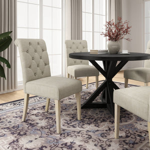 English Elm Banff Round Oak Veneer Dining Set with Cross-Buck Pedestal and Tufted Parsons Chairs Tan T2574S00226