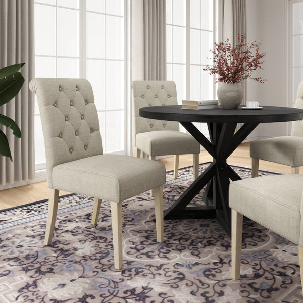 English Elm Banff Round Oak Veneer Dining Set with Cross-Buck Pedestal and Tufted Parsons Chairs Tan T2574S00226