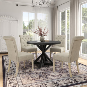 English Elm Banff Round Oak Veneer Dining Set with Cross-Buck Pedestal and Tufted Parsons Chairs Tan T2574S00226