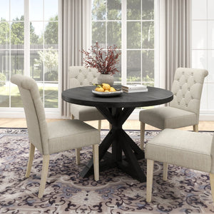 English Elm Banff Round Oak Veneer Dining Set with Cross-Buck Pedestal and Tufted Parsons Chairs Tan T2574S00226
