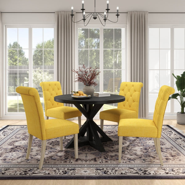 English Elm Banff Round Oak Veneer Dining Set with Cross-Buck Pedestal and Tufted Parsons Chairs Yellow T2574S00227
