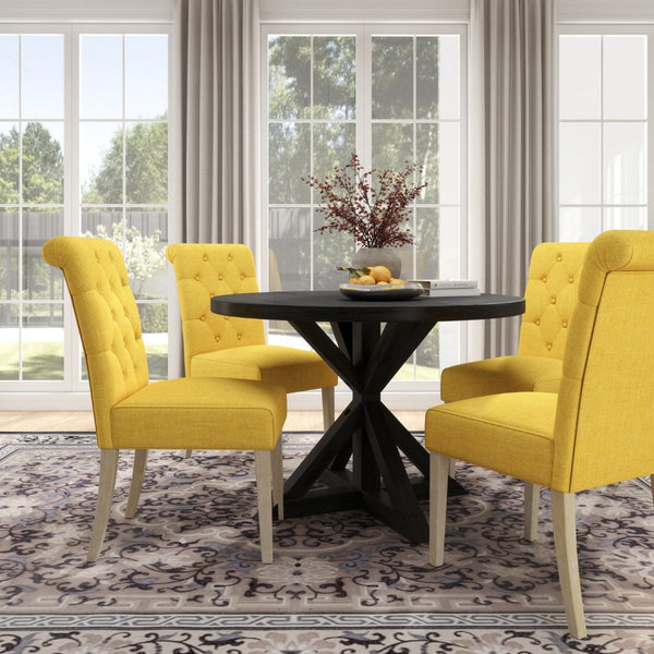 English Elm Banff Round Oak Veneer Dining Set with Cross-Buck Pedestal and Tufted Parsons Chairs Yellow T2574S00227