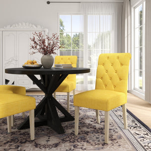 English Elm Banff Round Oak Veneer Dining Set with Cross-Buck Pedestal and Tufted Parsons Chairs Yellow T2574S00227