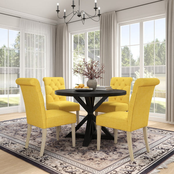 English Elm Banff Round Oak Veneer Dining Set with Cross-Buck Pedestal and Tufted Parsons Chairs Yellow T2574S00227