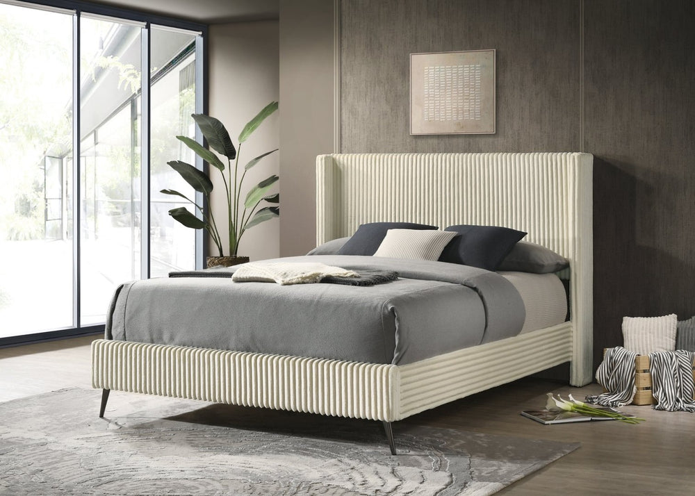 English Elm Mavela Wingback Corduroy Upholstered Queen Bed Tall Cushioned Headboard Bedroom Cream T2574S00231