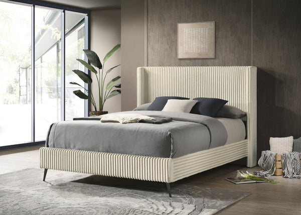 English Elm Mavela Wingback Corduroy Upholstered Queen Bed Tall Cushioned Headboard Bedroom Cream T2574S00231