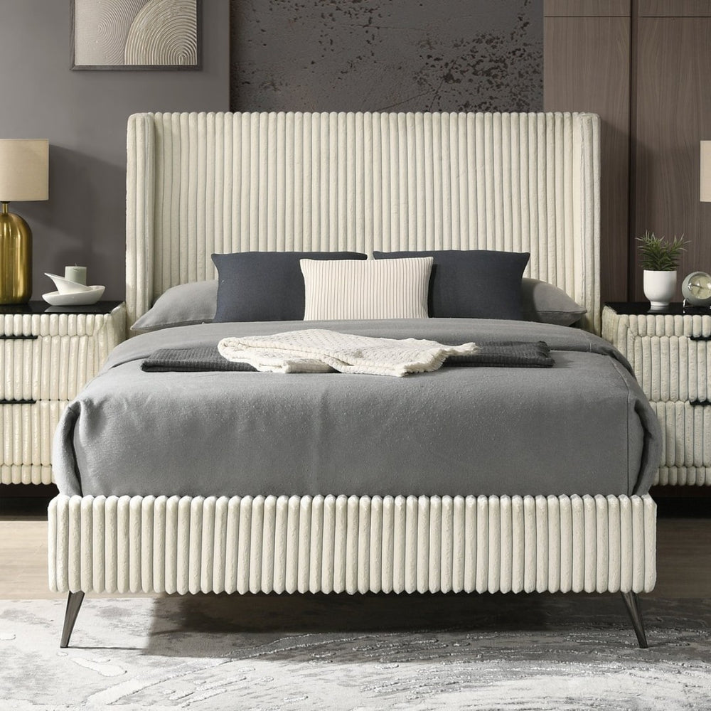 English Elm Mavela Wingback Corduroy Upholstered Queen Bed Tall Cushioned Headboard Bedroom Cream T2574S00231