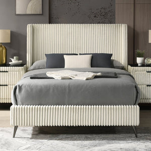 English Elm Mavela Wingback Corduroy Upholstered Queen Bed Tall Cushioned Headboard Bedroom Cream T2574S00231