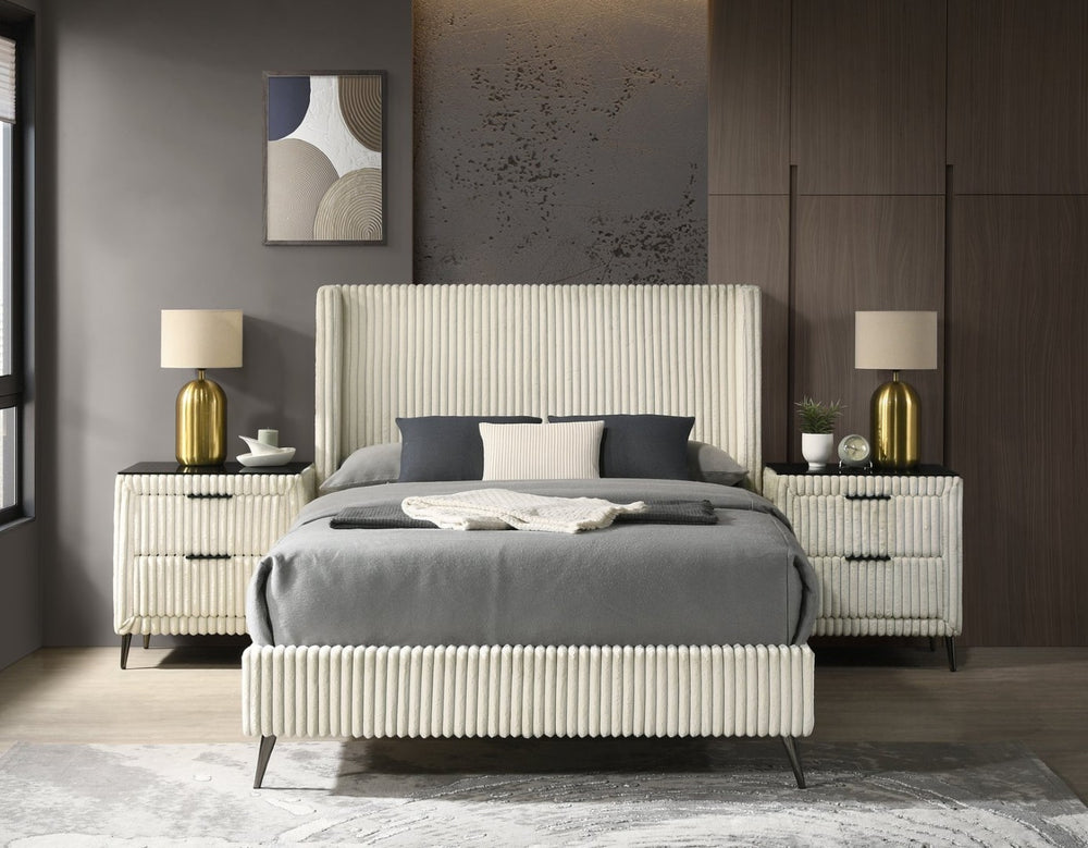 English Elm Mavela Corduroy Wingback Queen Bed Set with Nightstands for a Boutique Bedroom Cream T2574S00232