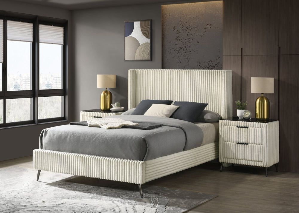 English Elm Mavela Corduroy Wingback Queen Bed Set with Nightstands for a Boutique Bedroom Cream T2574S00232