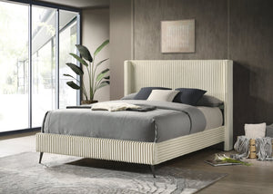 English Elm Mavela Corduroy Wingback Queen Bed Set with Nightstands for a Boutique Bedroom Cream T2574S00232