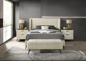 English Elm Mavela Corduroy Wingback Queen Bedroom Set with Nightstands and Upholstered Bench Cream T2574S00233