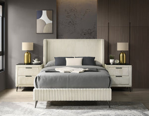 English Elm Mavela Corduroy Wingback Queen Bedroom Set with Nightstands and Upholstered Bench Cream T2574S00233