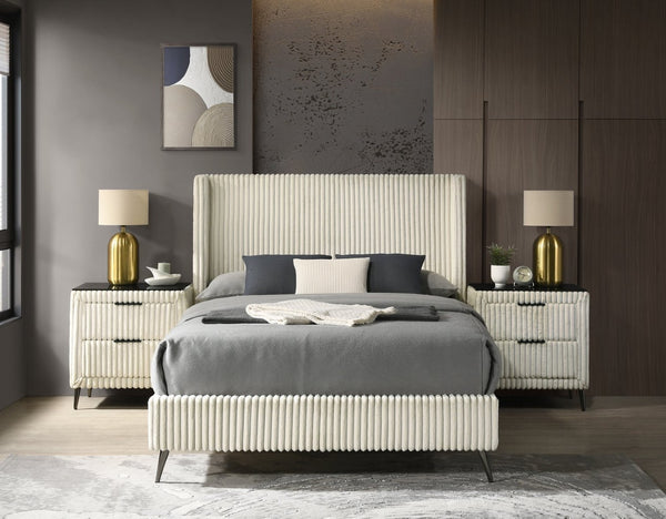 English Elm Mavela Corduroy Wingback Queen Bedroom Set with Nightstands and Upholstered Bench Cream T2574S00233