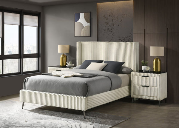 English Elm Mavela Corduroy Wingback Queen Bedroom Set with Nightstands and Upholstered Bench Cream T2574S00233