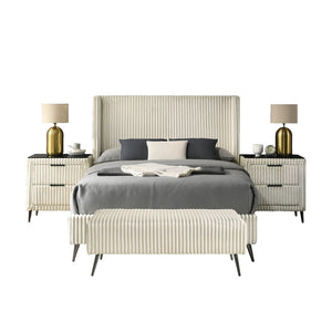 English Elm Mavela Corduroy Wingback Queen Bedroom Set with Nightstands and Upholstered Bench Cream T2574S00233