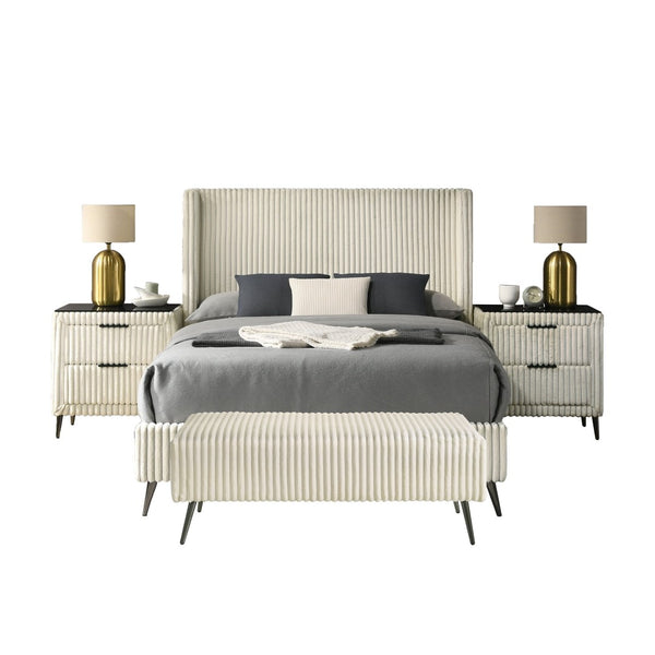 English Elm Mavela Corduroy Wingback Queen Bedroom Set with Nightstands and Upholstered Bench Cream T2574S00233