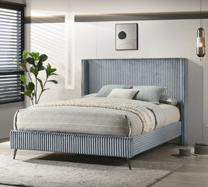 English Elm Mavela Wingback Corduroy Upholstered Queen Bed Tall Cushioned Headboard Bedroom Blue T2574S00234