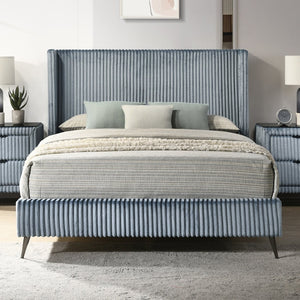 English Elm Mavela Wingback Corduroy Upholstered Queen Bed Tall Cushioned Headboard Bedroom Blue T2574S00234