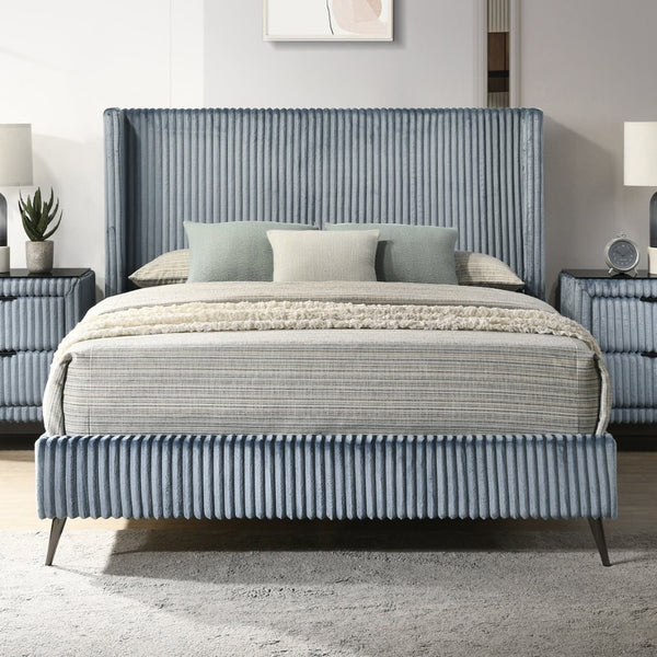 English Elm Mavela Wingback Corduroy Upholstered Queen Bed Tall Cushioned Headboard Bedroom Blue T2574S00234