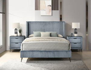 English Elm Mavela Corduroy Wingback Queen Bed Set with Nightstands for a Boutique Bedroom Blue T2574S00235