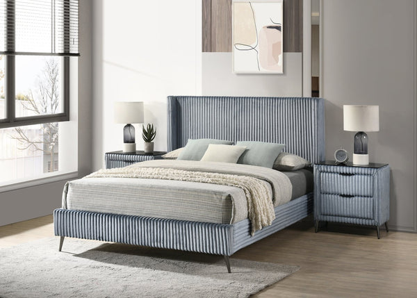 English Elm Mavela Corduroy Wingback Queen Bed Set with Nightstands for a Boutique Bedroom Blue T2574S00235