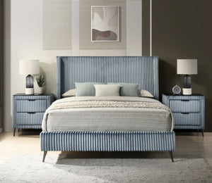 English Elm Mavela Corduroy Wingback Queen Bed Set with Nightstands for a Boutique Bedroom Blue T2574S00235
