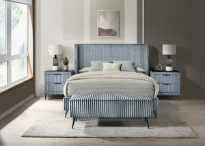 English Elm Mavela Corduroy Wingback Queen Bedroom Set with Nightstands and Upholstered Bench Blue T2574S00236