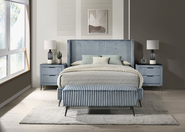 English Elm Mavela Corduroy Wingback Queen Bedroom Set with Nightstands and Upholstered Bench Blue T2574S00236