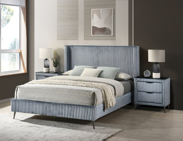 English Elm Mavela Corduroy Wingback Queen Bedroom Set with Nightstands and Upholstered Bench Blue T2574S00236