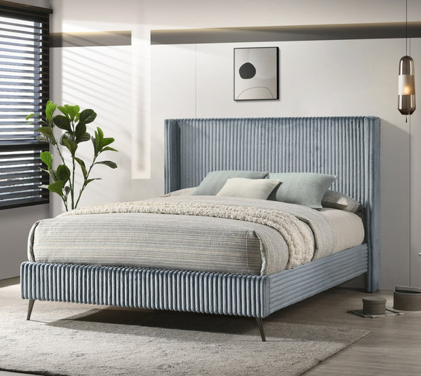 English Elm Mavela Corduroy Wingback Queen Bedroom Set with Nightstands and Upholstered Bench Blue T2574S00236